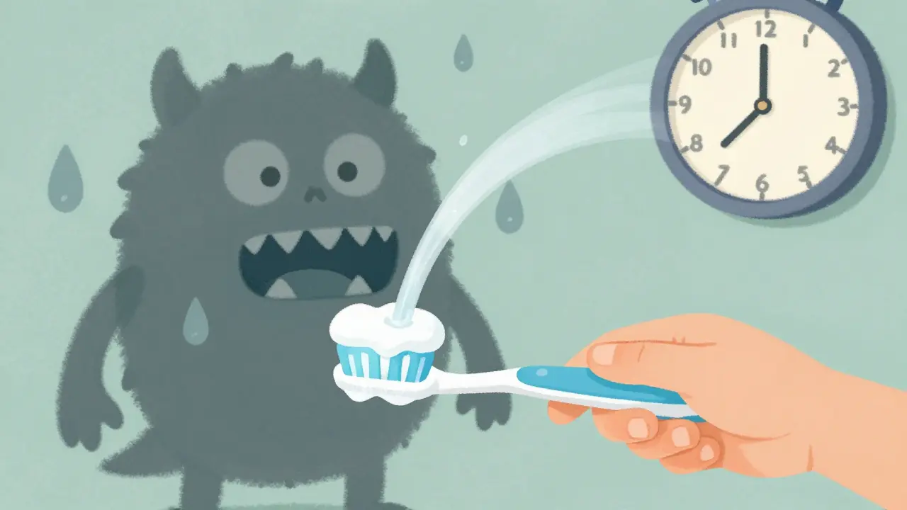 Dítě čistí zuby, zatímco zubní plak odplavuje fluoridová pasta ve tvaru monster.