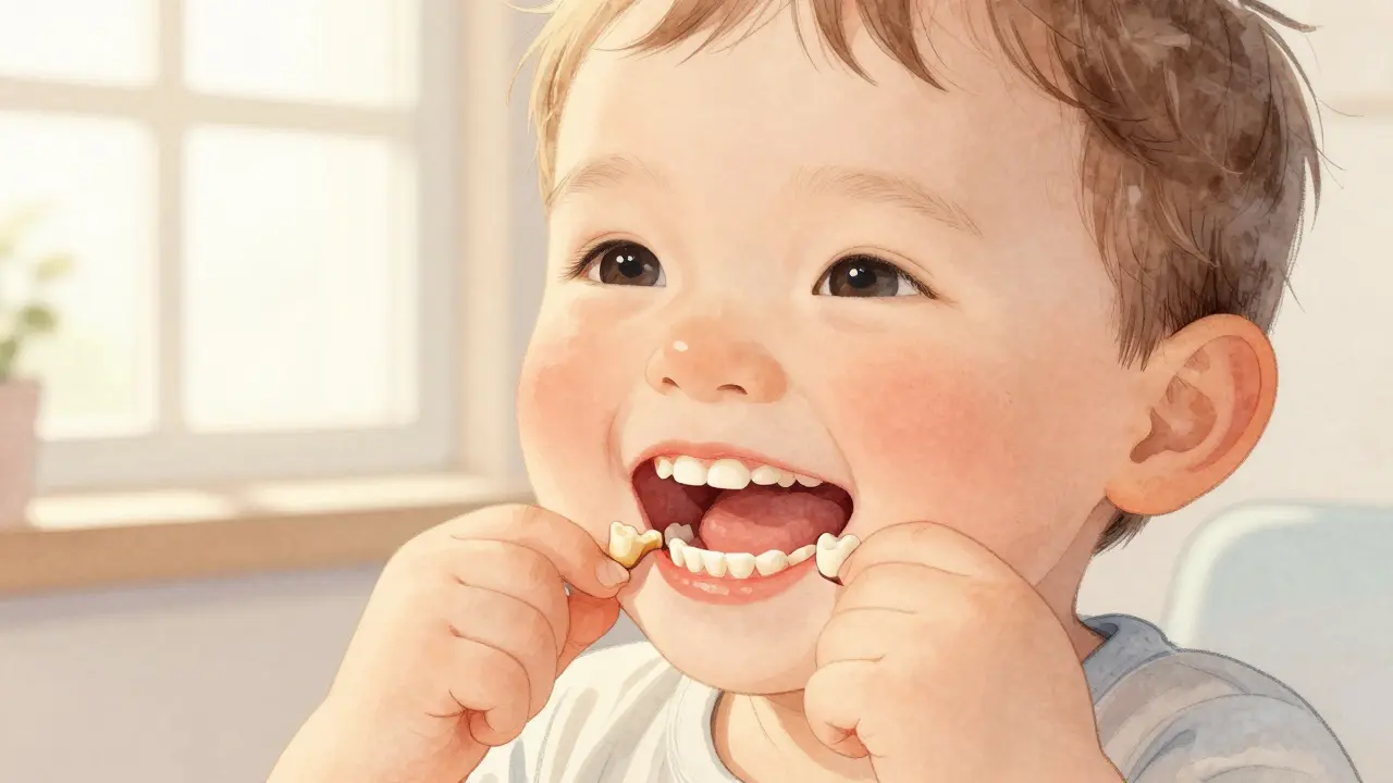 Dítě při výměně mléčných zubů za stálé, s nově vyrůstajícími zuby a vypadávajícími mléčnými zuby.