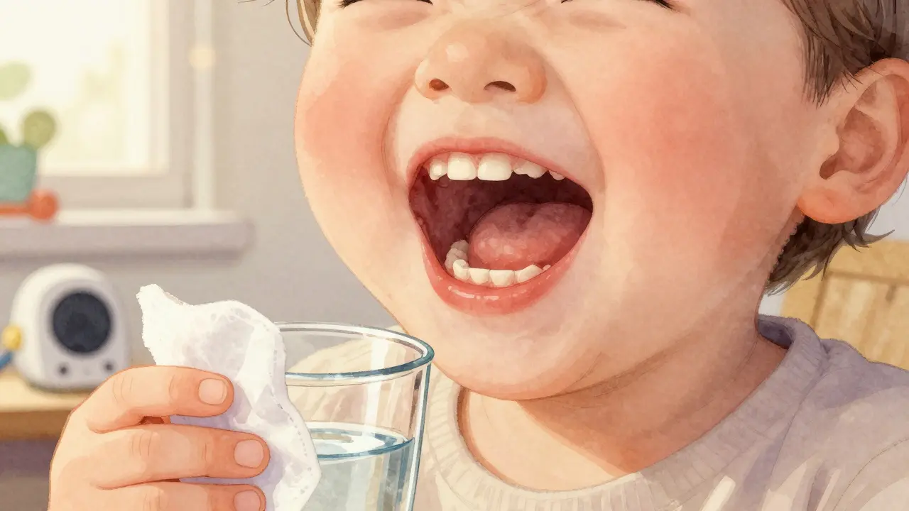 Dítě s prvními zoubky a mezerou mezi nimi, světlo z okna osvětluje ústa.