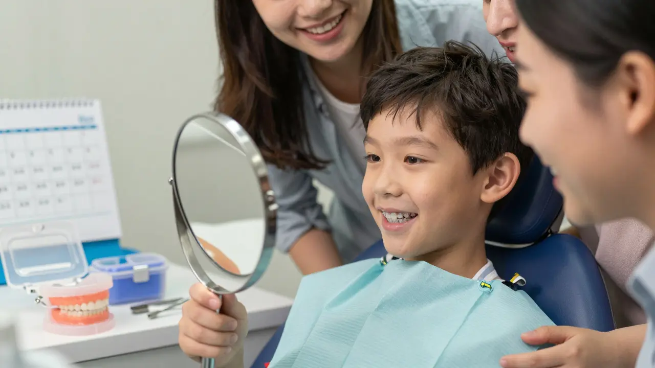 Dítě se usmívá do zrcadla s umělým chrupem, na pozadí krabička na uložení.