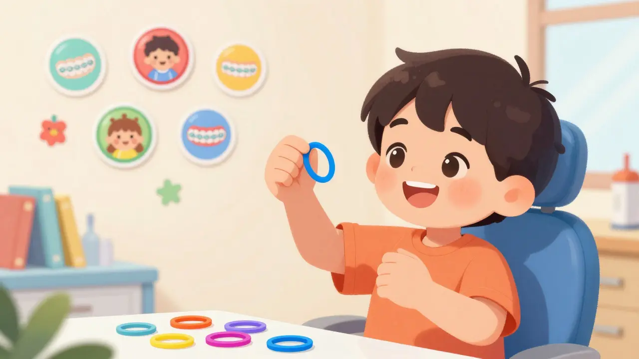 Dítě si vybírá barevné gumičky pro rovnátka v pestré, přívětivé ortodontické ordinaci.