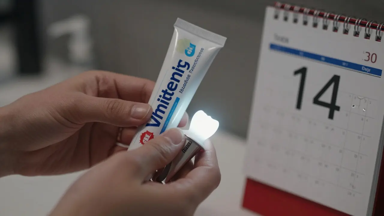 Dvě ruce drží dvě různé pasty, vedle nich kalendář s označenými 14 dny.