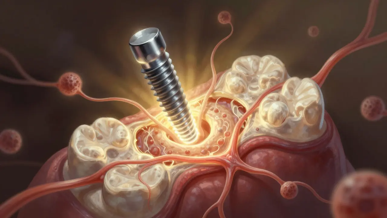 Implantát se postupně integruje s kostí, znázorněno jako světelné spojení kovu a tkáně.