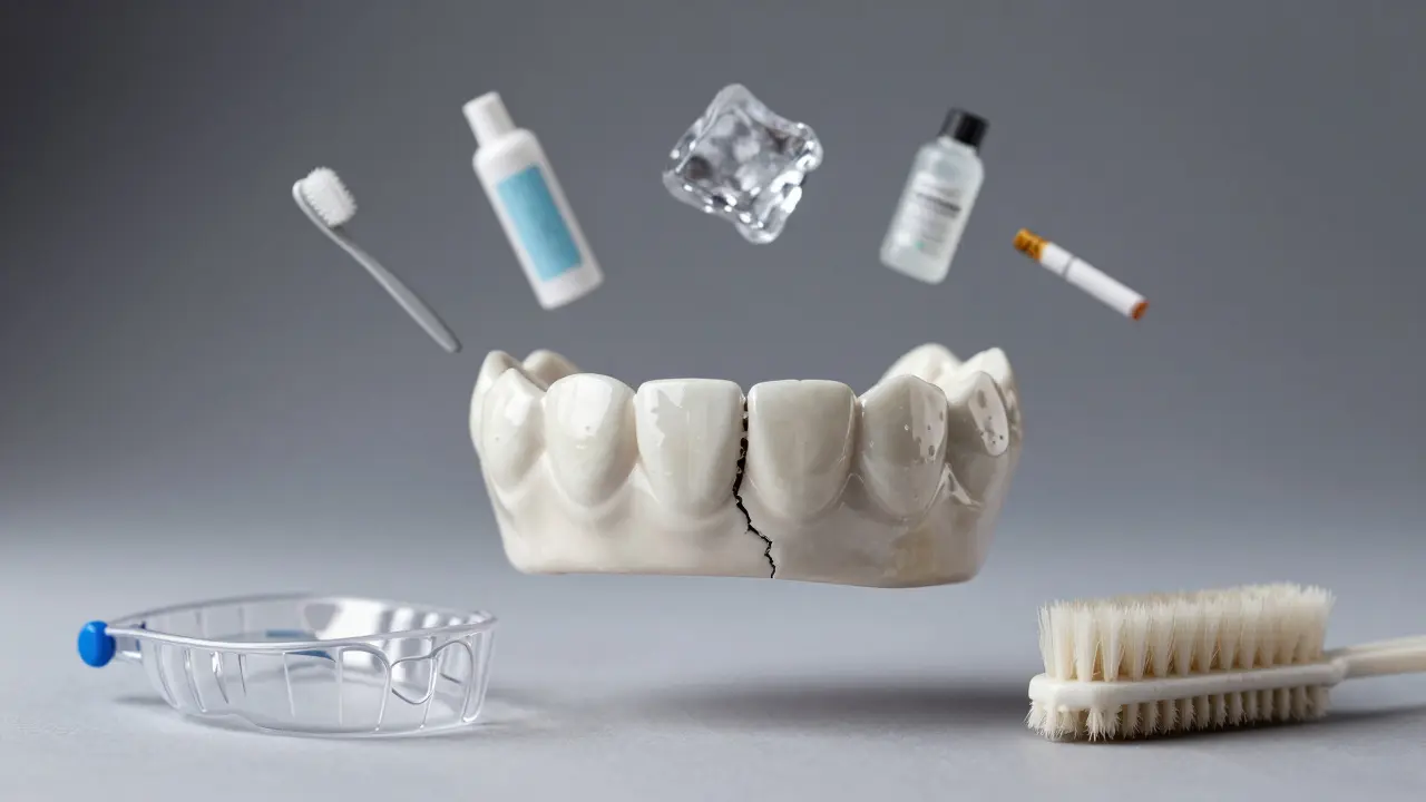 Keramická fazeta s mikrotrhlinou, kolem ní varovné předměty, které mohou poškodit.