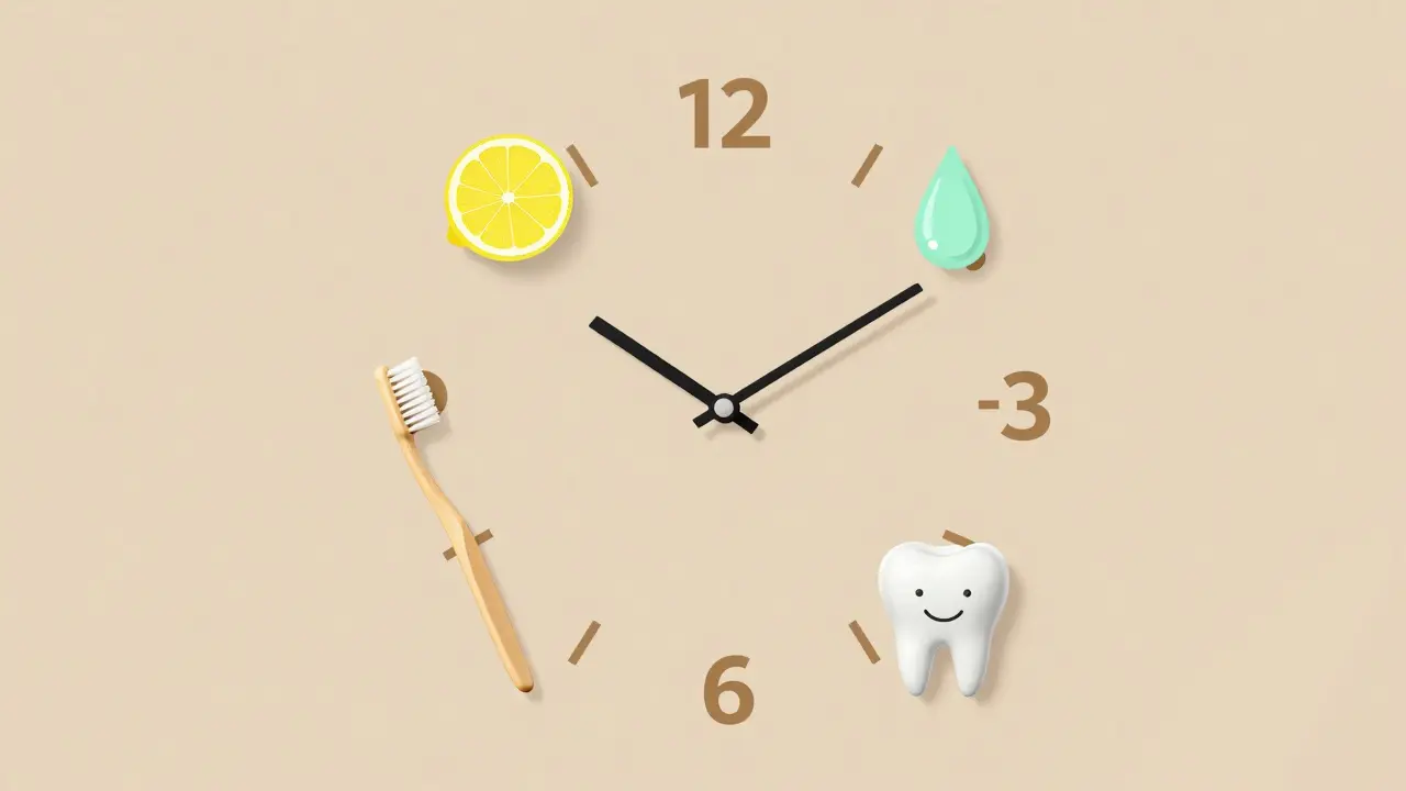 Koncepční obrázek hodin mezi 30 a 60 minutami po jídle, symbolizující ideální čas pro čištění zubů.