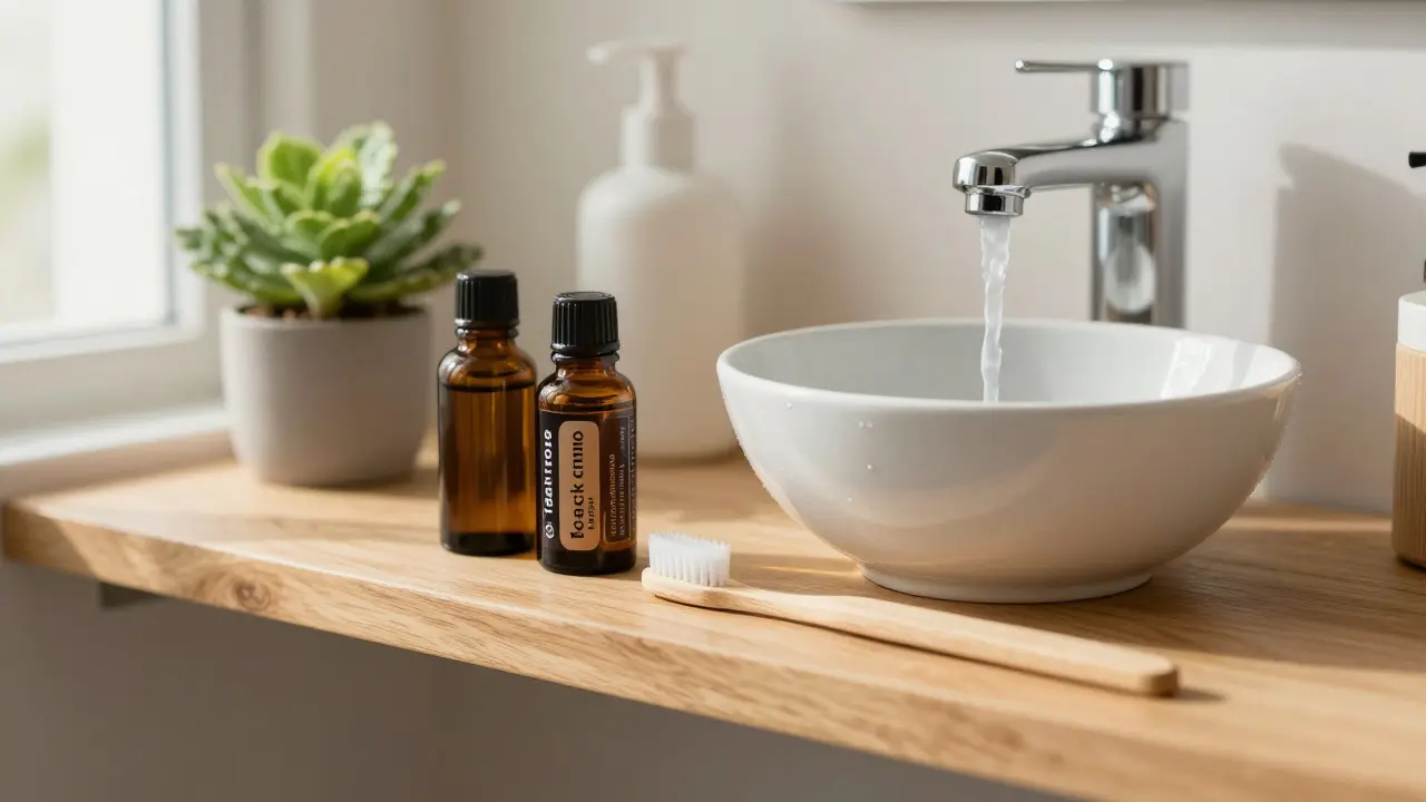 Kosmetický pohled na přírodní ústní péči v koupelně s esenciálními oleji a štětcem.