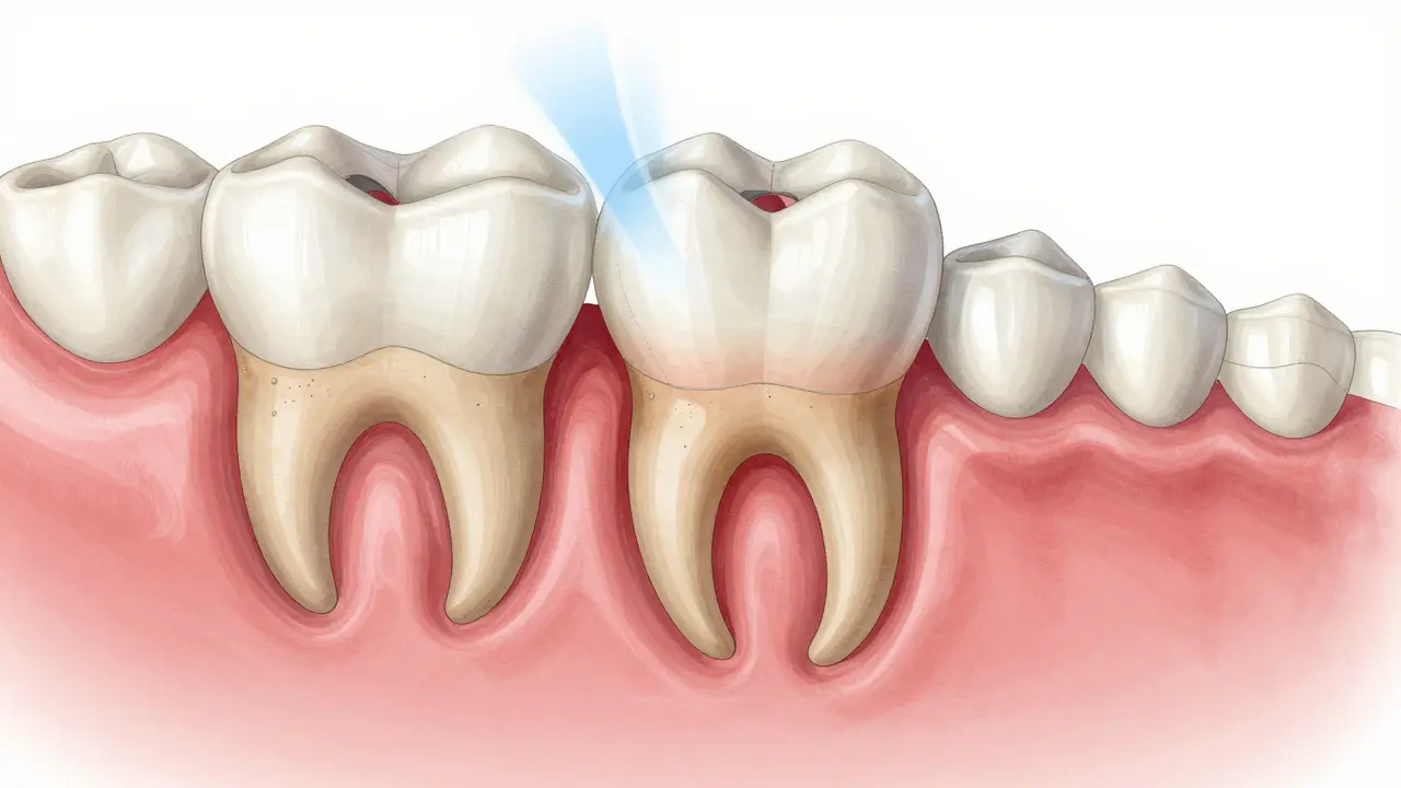 Křížový řez čelisti ukazující keramickou korunku na zubním kořenu s tepelnou citlivostí.
