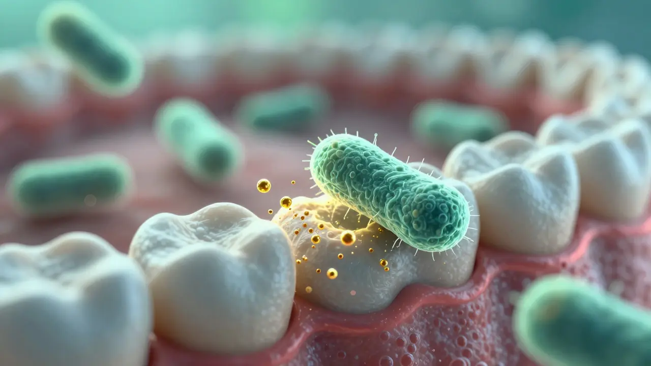 Mikroskopický pohled na bakterie plaku ničené přírodními molekulami na zubu.