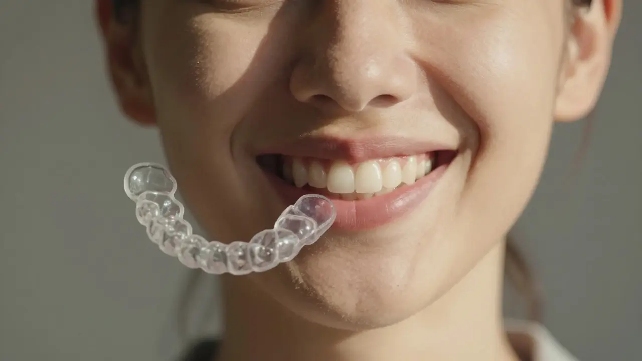 Osoba se usmívá, zatímco průhledné rovnátka visí vedle jejího obličeje, zdůrazňujíce moderní léčbu nepravidelných zubů.