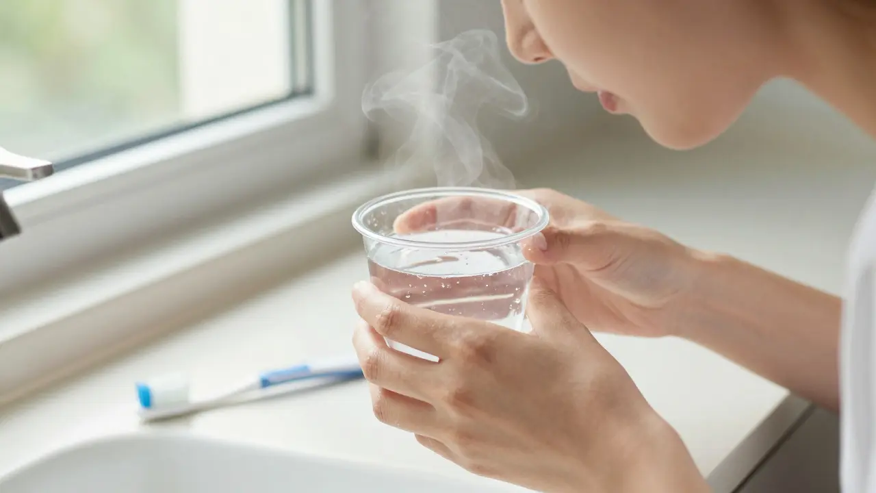 Pacient jemně vypláchne ústa teplou solnou vodou po implantaci zubu.