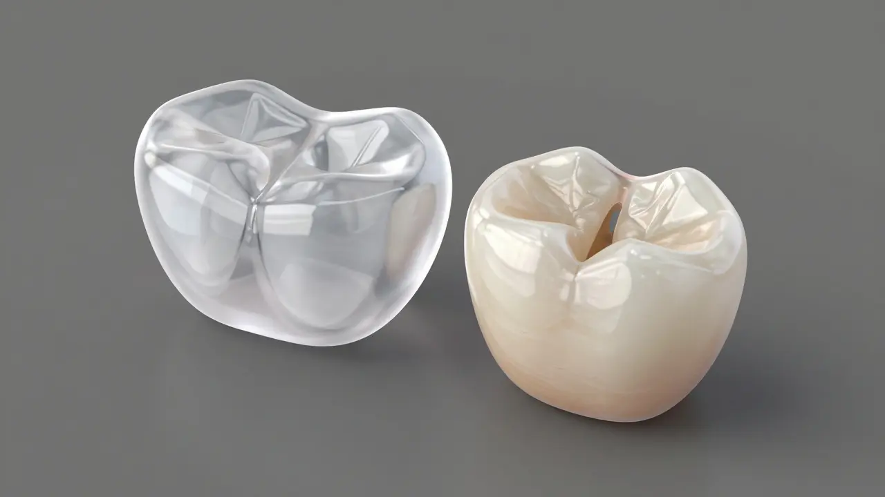 Porovnání tří typů zubních náplní: inlay, onlay a overlay v přehledném 3D zobrazení.