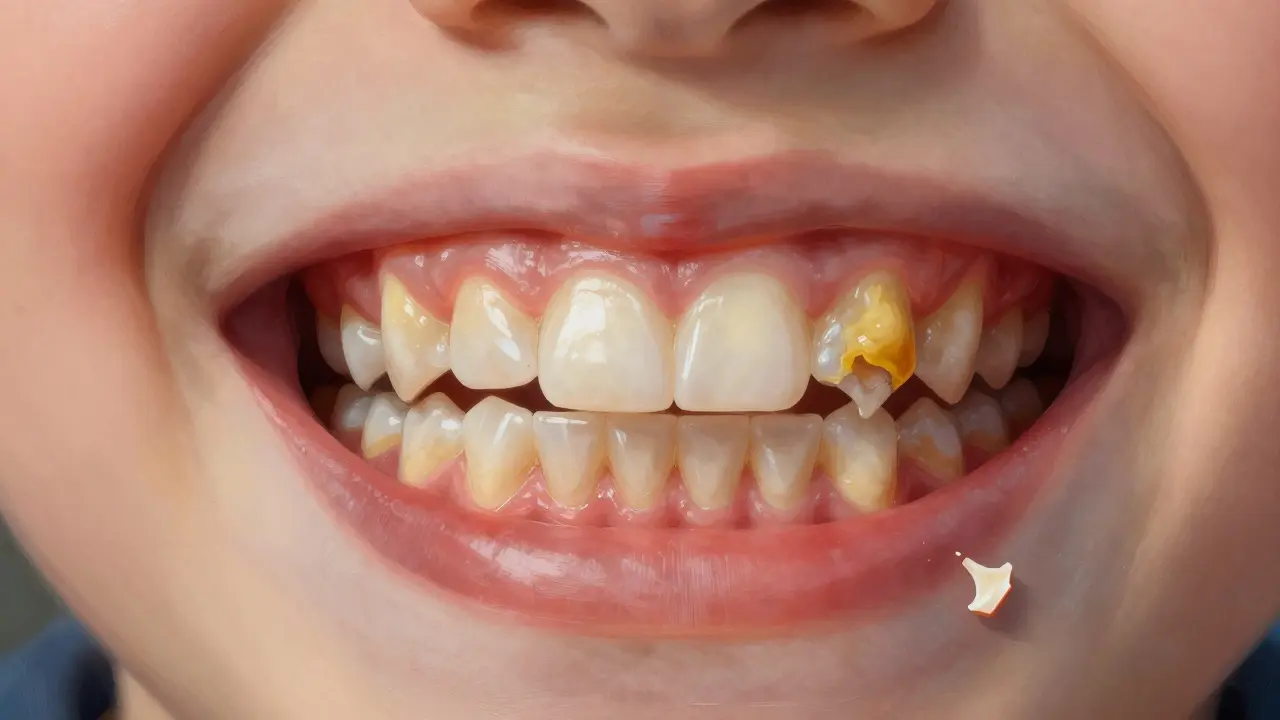 Porovnání zdravého zubu a zubu postiženého plakem a kariézem u dítěte.