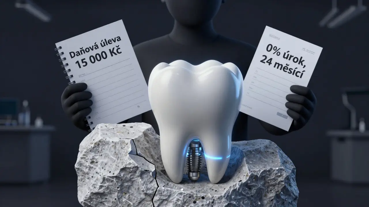 Poškozený zub přeměněný v implantát s označením daňové úlevy a splátkového plánu.