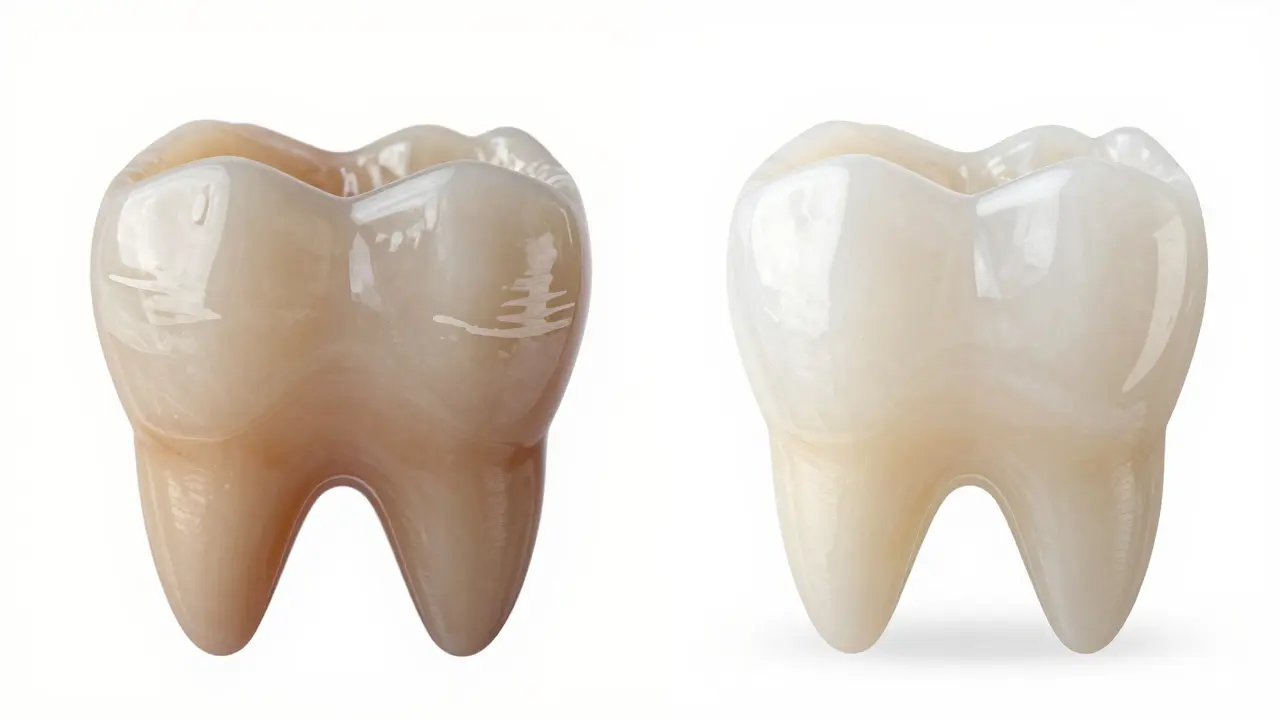 Před a po: poškozený zub přeměněný na dokonalý pomocí tenké keramické fazety.