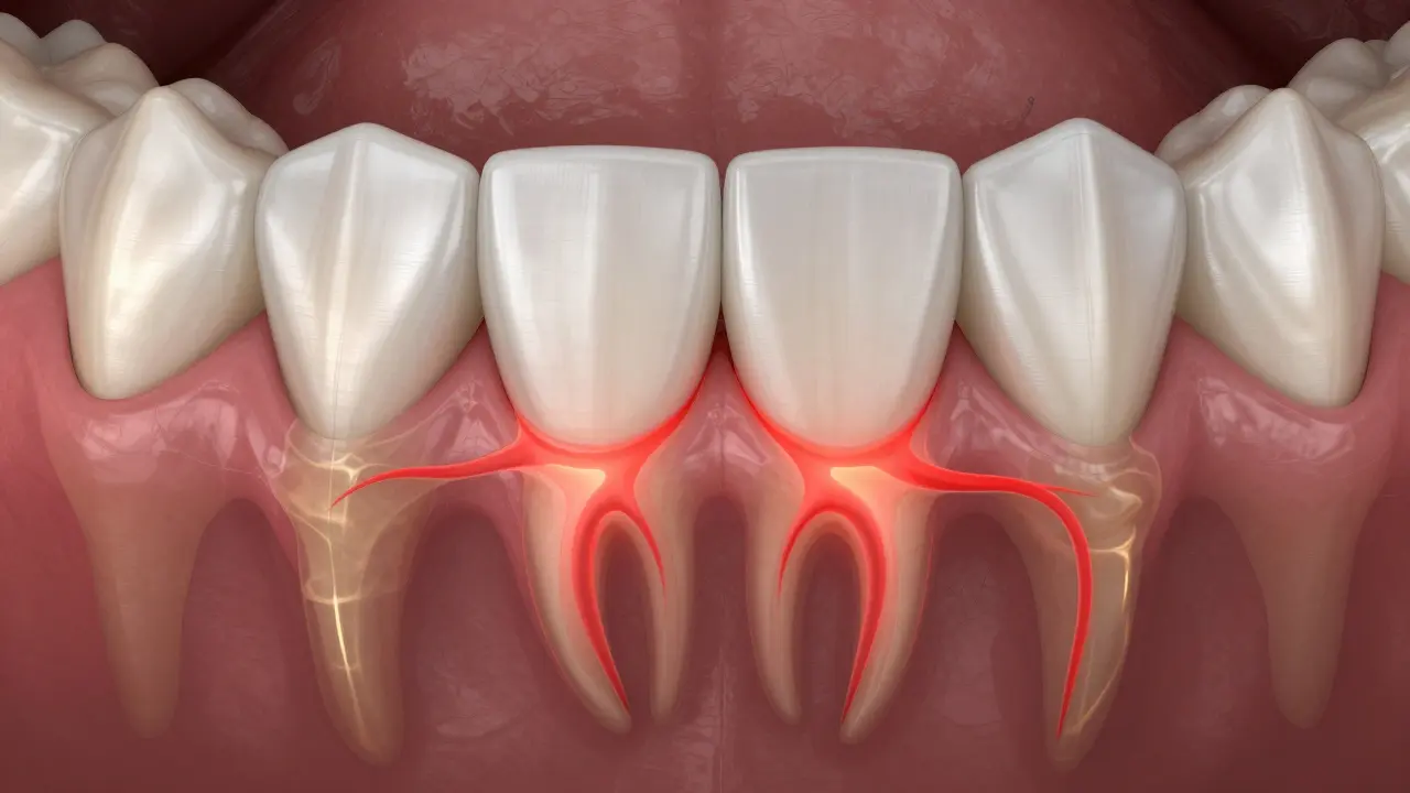 Přehledná ilustrace zánětu dásní tlačícího na kořeny předních zubů a ztráty kosti.