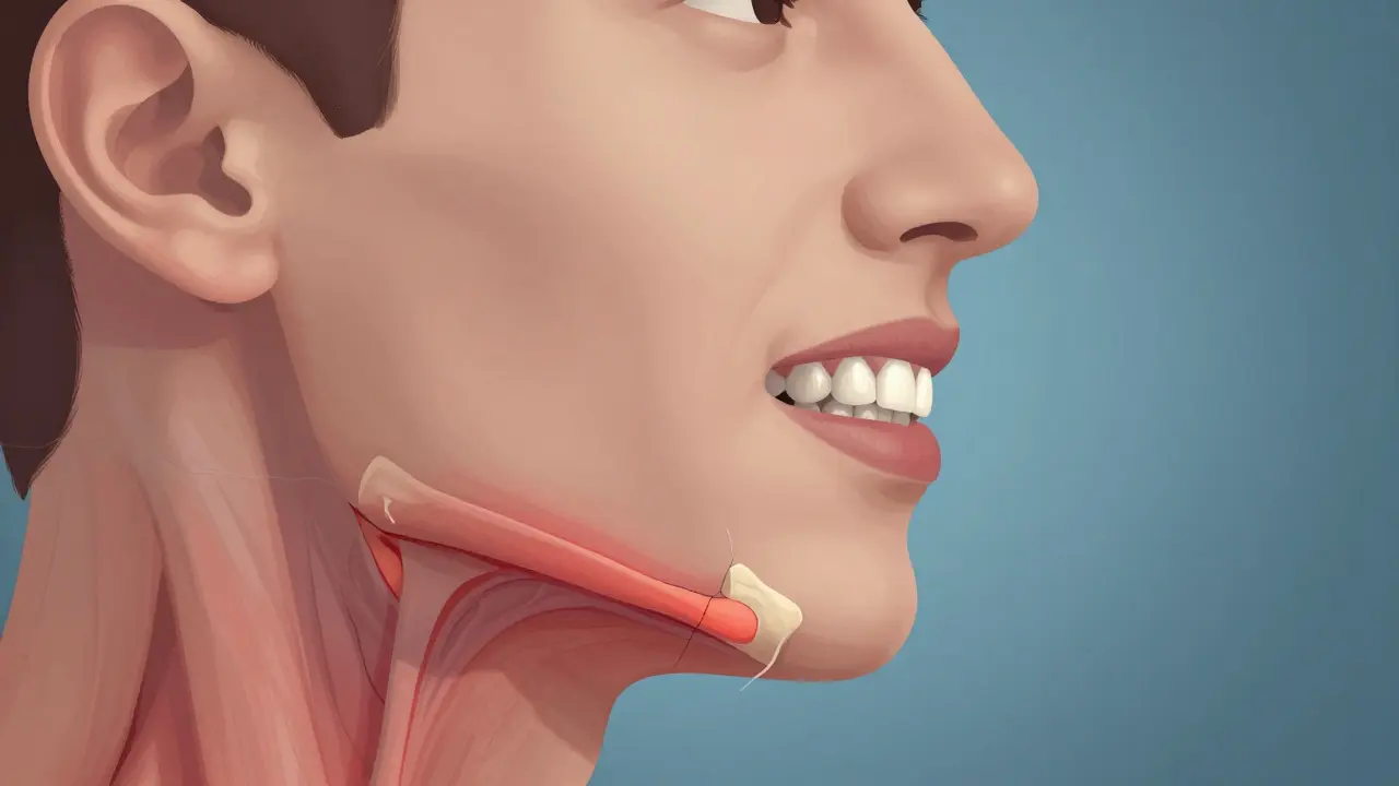 Profily čelisti s viditelným napětím v kloubu a svalovém napětí v krku kvůli špatnému příkroji zubů.