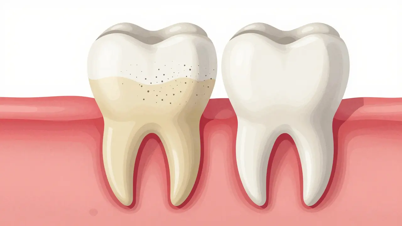 Průřez zubu ukazující opotřebení skloviny a zjevnou žlutou dentinu pod ní.