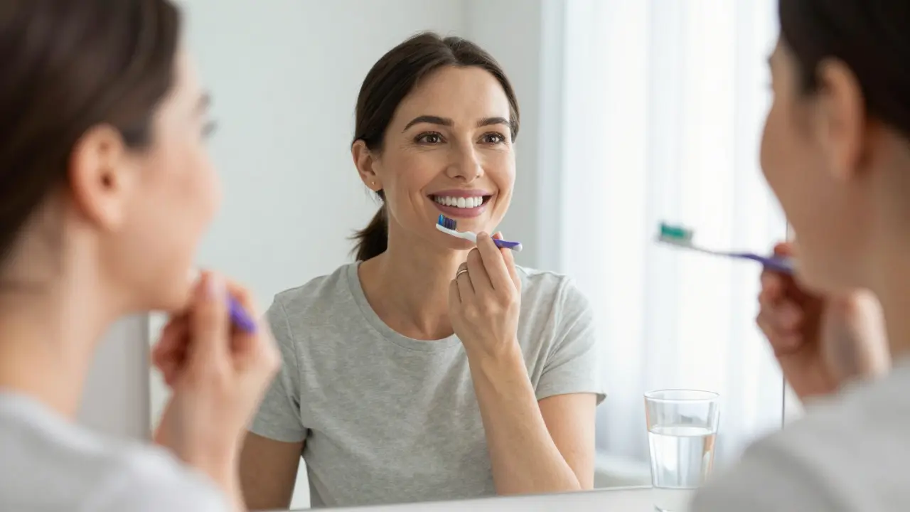 Smiling patient admiring new ceramic veneers in natural light at home.