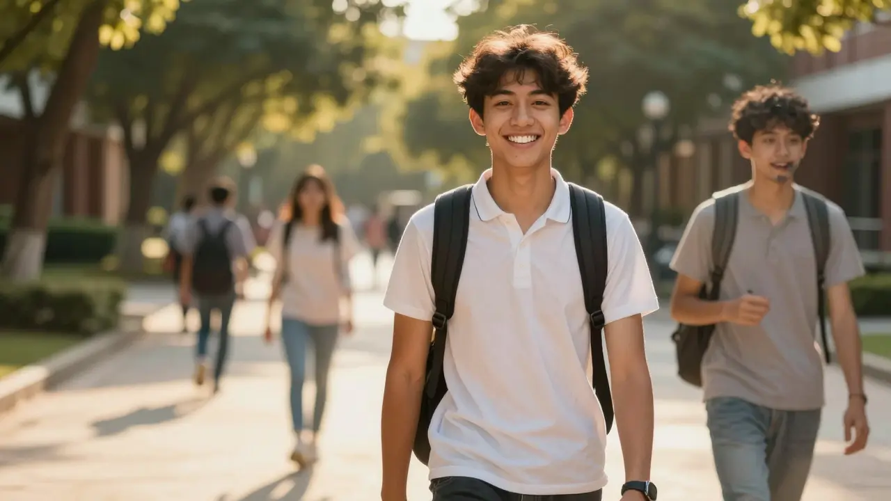 Student s bílými keramickými vínky smíře a自信ně prochází kampusem, stín původního vzhledu za ním.