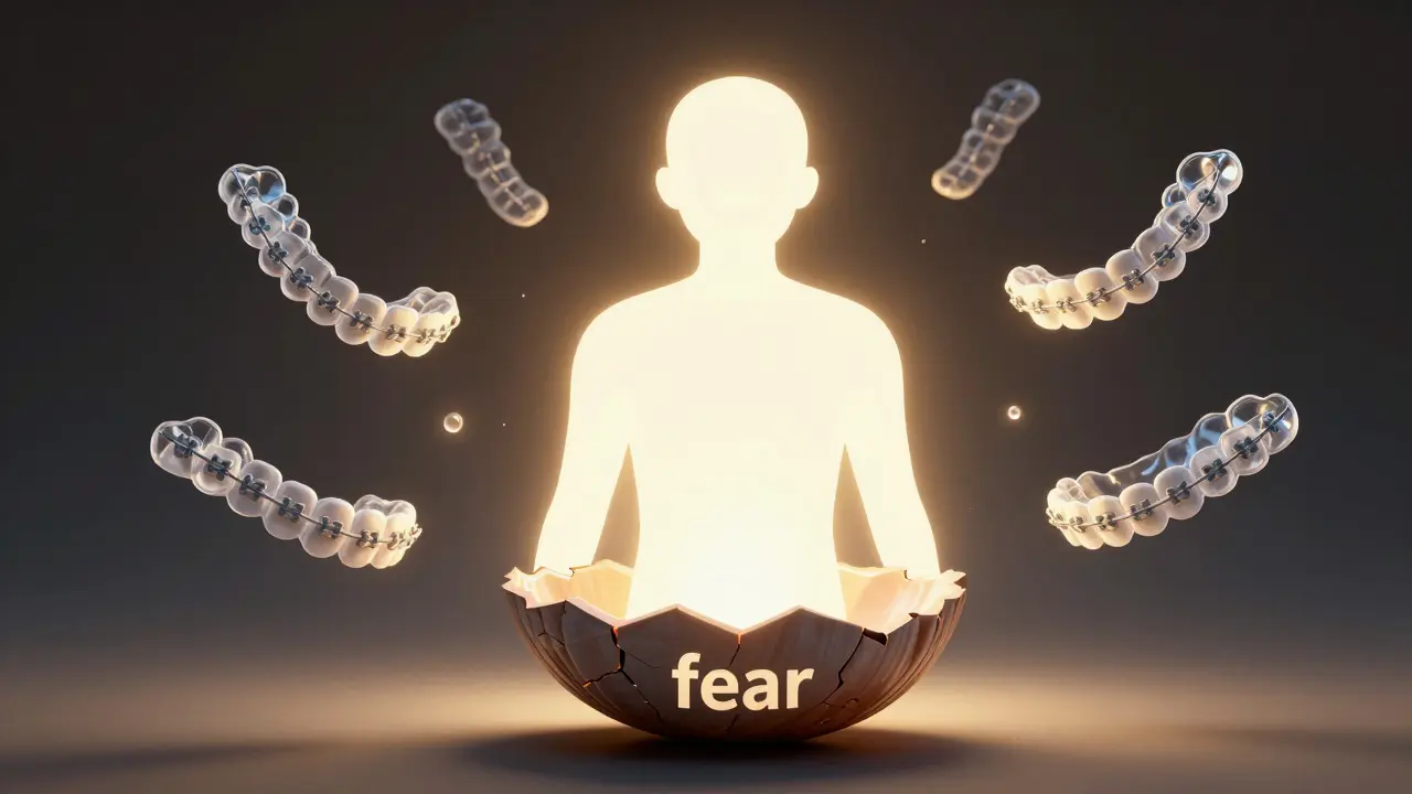 Světlá silueta člověka vychází z temné skořápky strachu, kolem ní moderní ortodontické techniky.