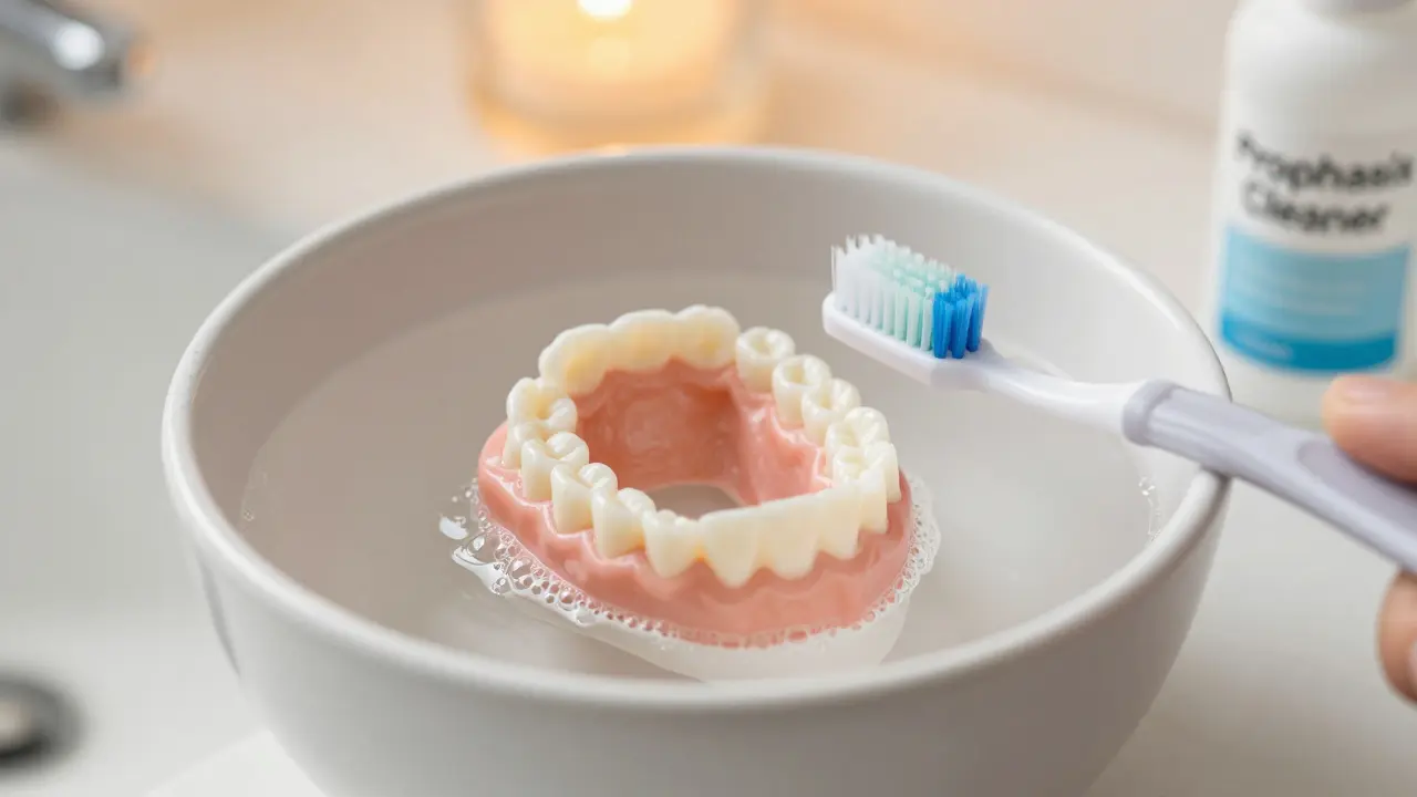 Umělý chrup ponořený v čisticím roztoku s kartáčkem a látkou vedle.