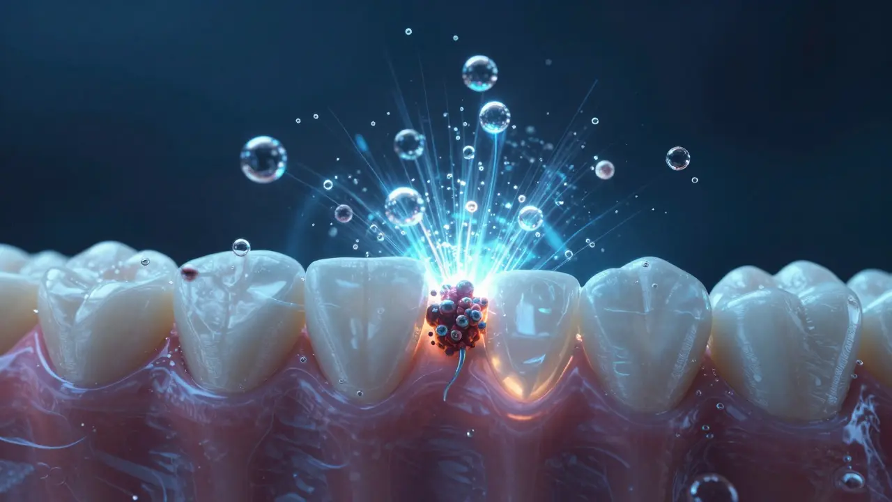 Vědecká vizualizace mikro bublek při čištění zubů