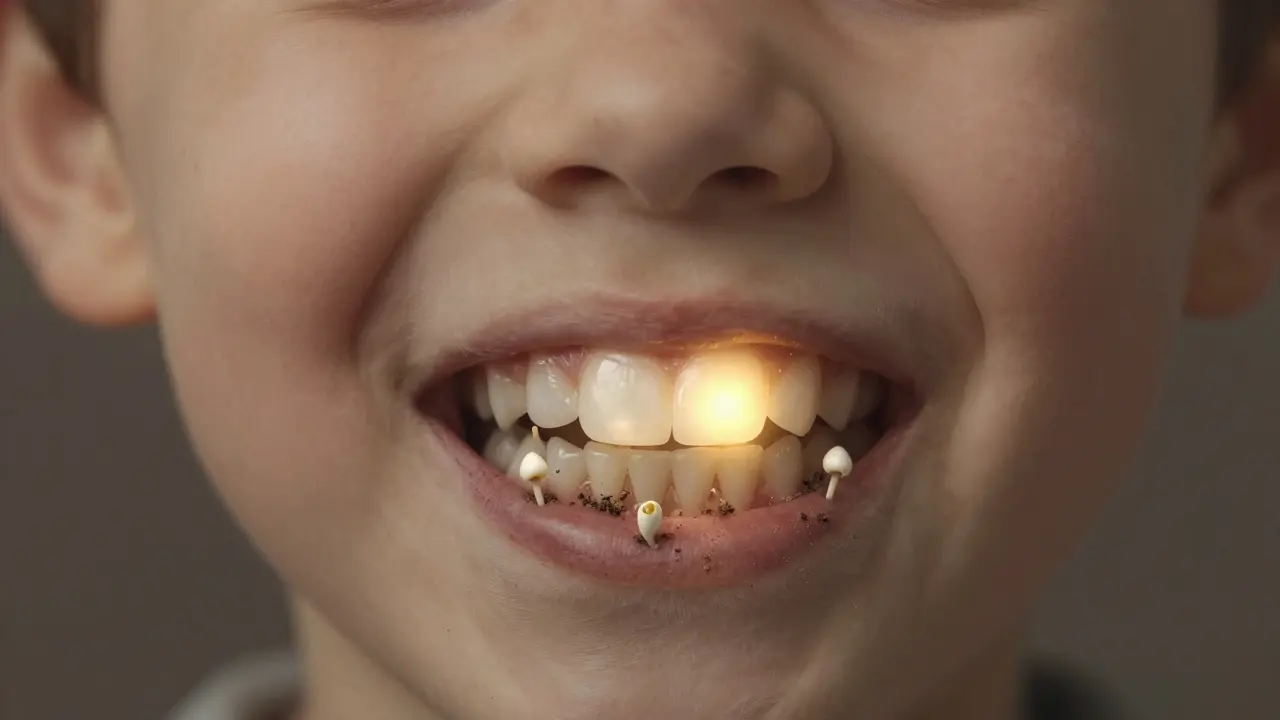 Vývoj zoubků jako výhonky z půdy, zlatá mezera mezi prvními zuby.