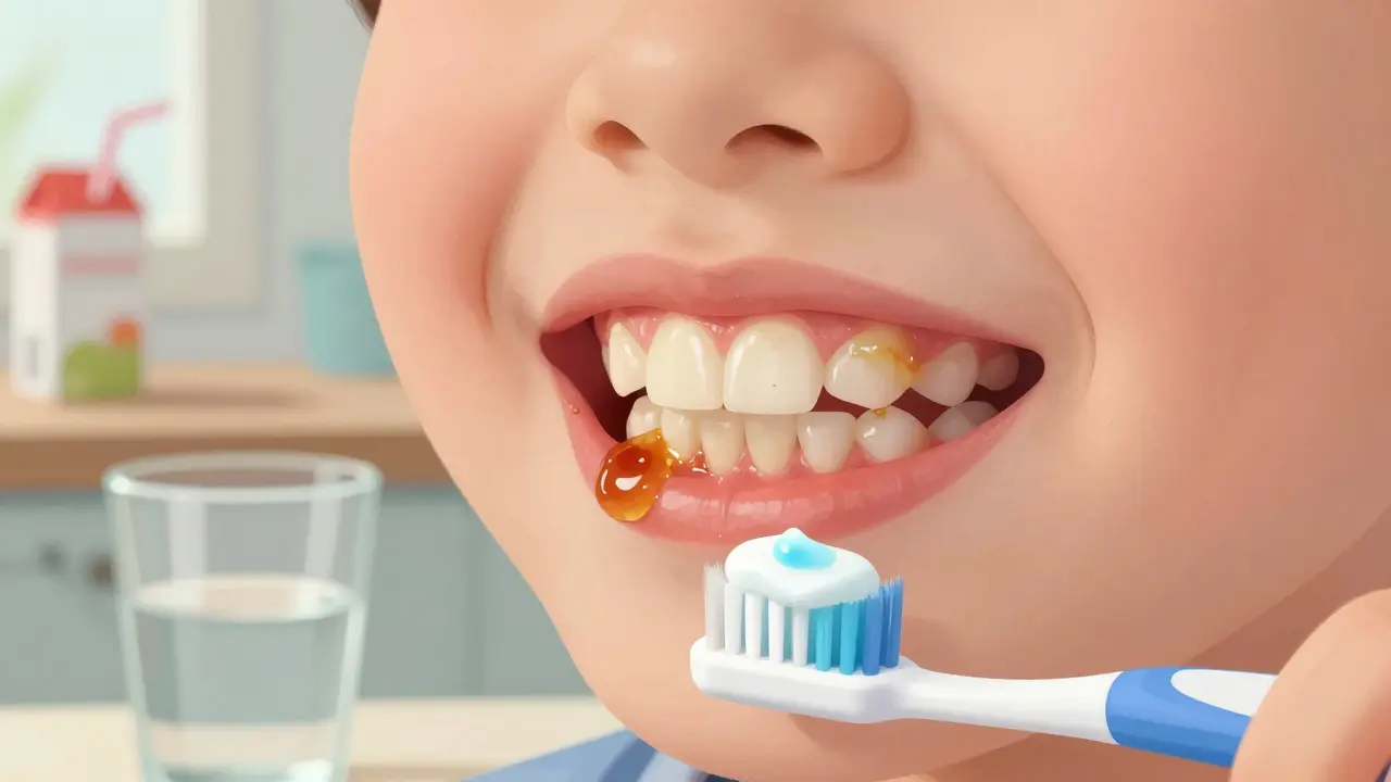 Zbytky džemu a začínající zubní kámen na horních řízcích dítěte.