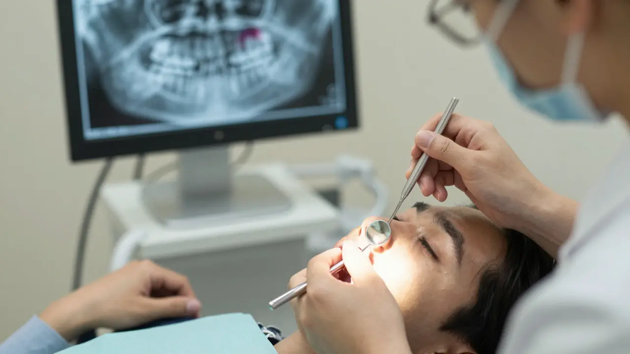 Zubní lékař vyšetřuje dásně pacienta, na pozadí rentgenový snímek s destrukcí kosti.