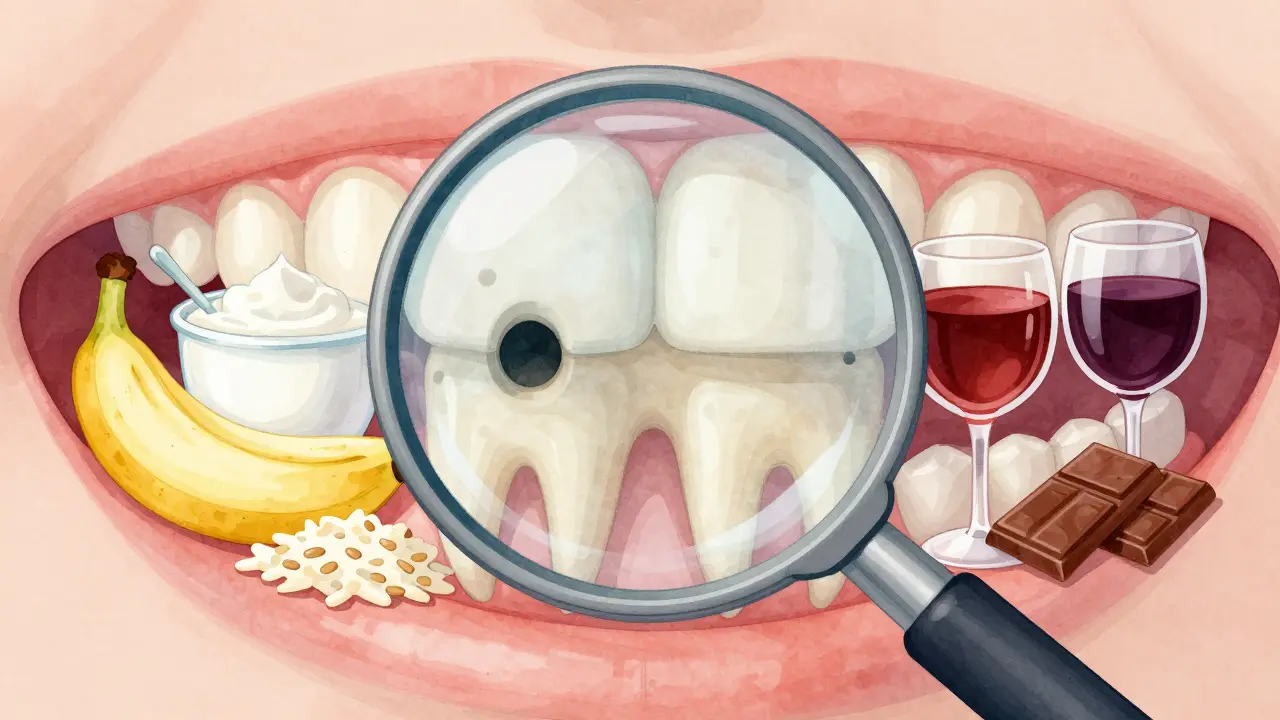 Zuby s mikropórami a bezpečné vs. zakázané potraviny po hygieně.