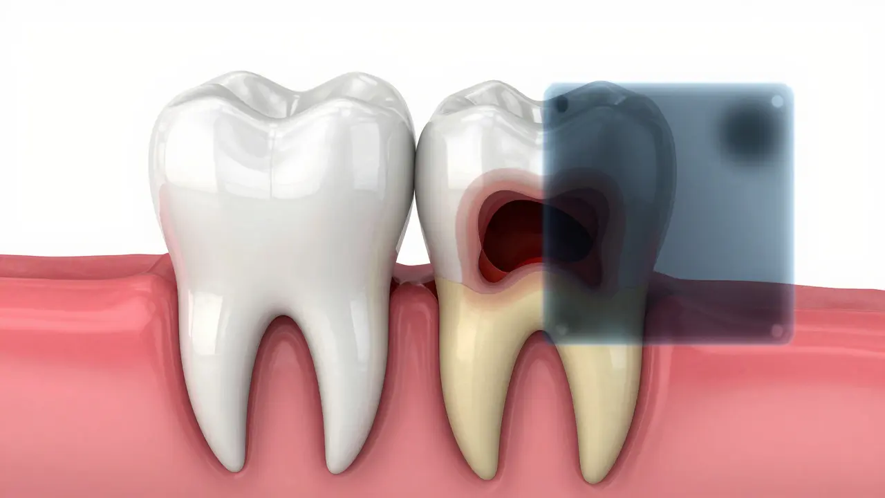 3D ilustrace v řezu znázornující skrytý kaz v dentinu a rentgen.
