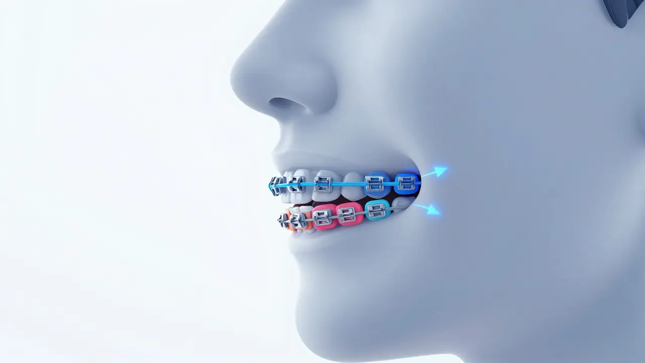 3D ilustrace zubů s rovnátky a vyznačeným tahem gumiček.