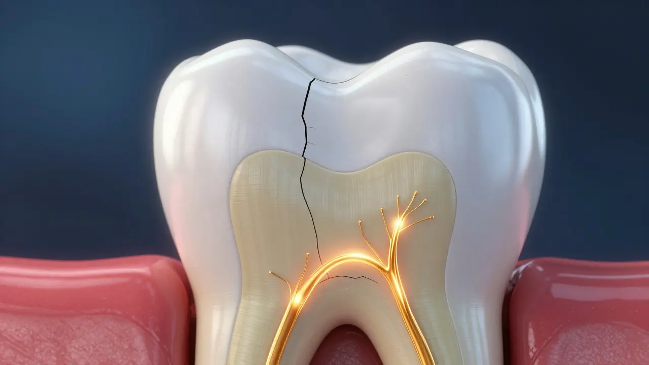 3D model zubu s prasklinou v sklovině a vyznačenými nervy v dentinu.