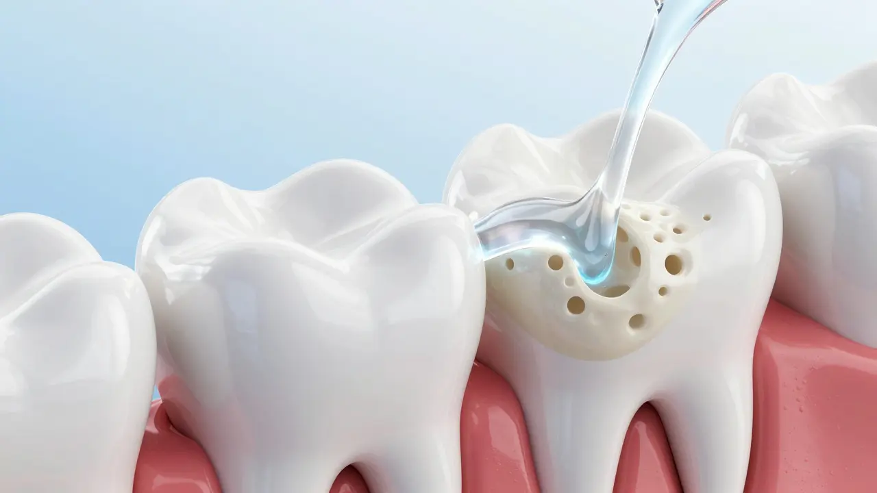 3D vizualizace procesu infiltrace pryskyřicí do pórů zubní skloviny.