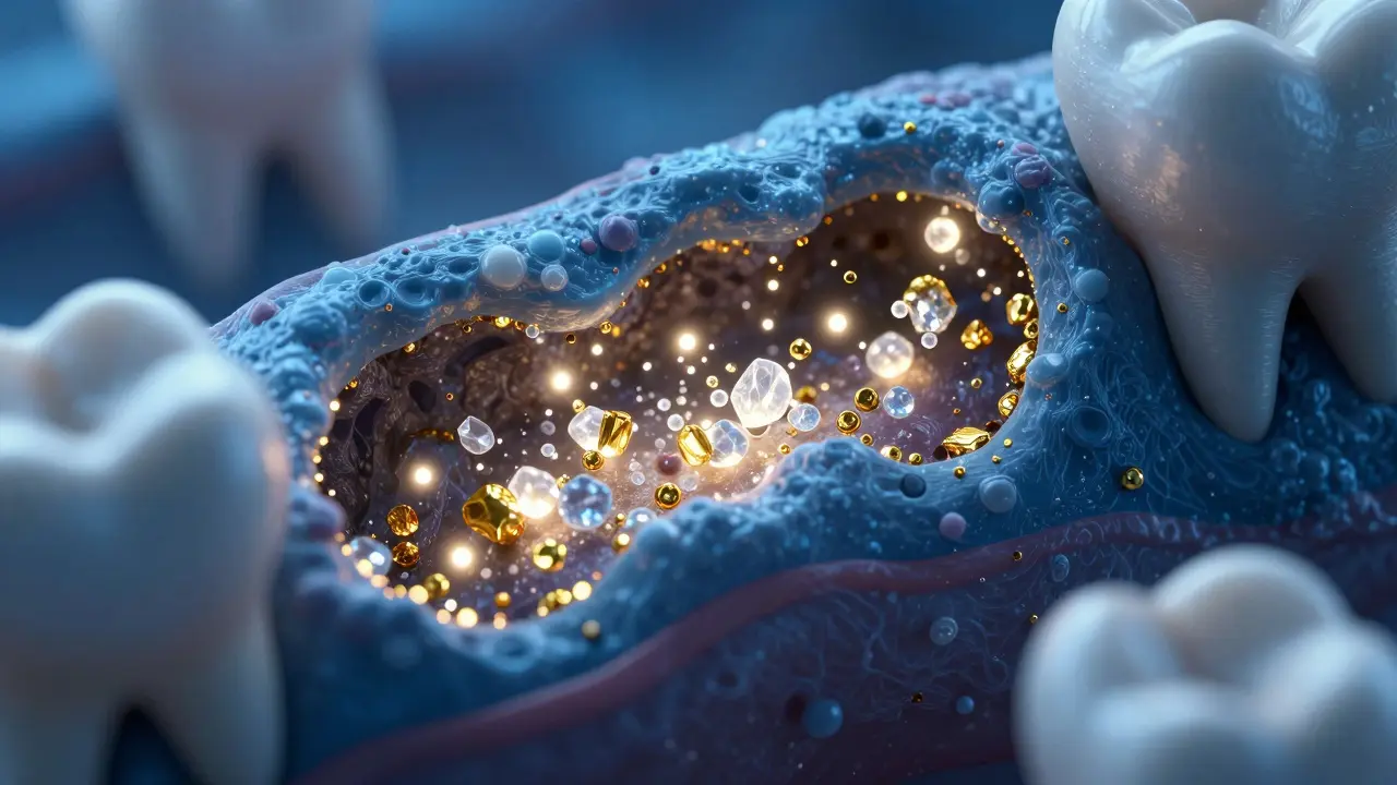 3D vizualizace procesu remineralizace zubní skloviny minerály.