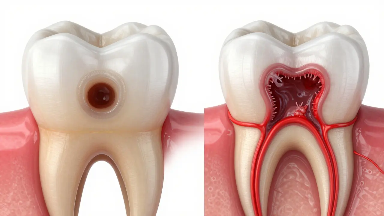 Anatomický detail zubu s hlubokým kazem a zánětem zubní dřeně.
