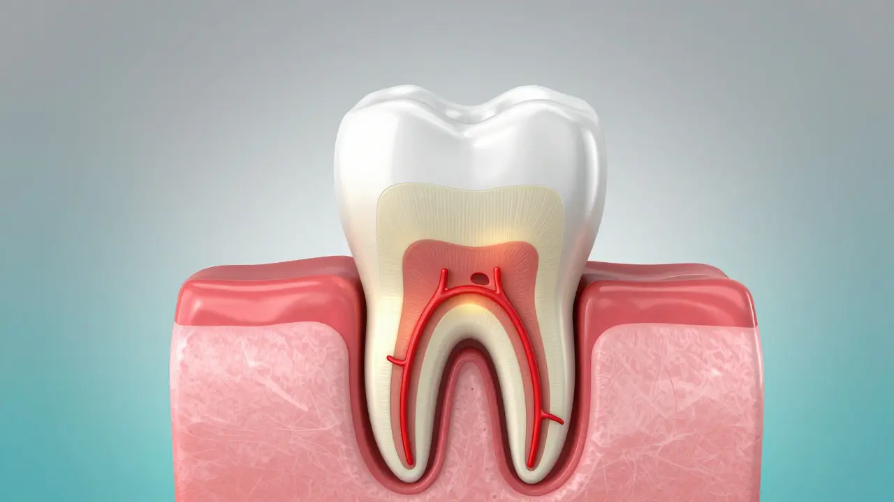 Anatomický průřez zubu s vyznačenou zubní pulpou a nervy