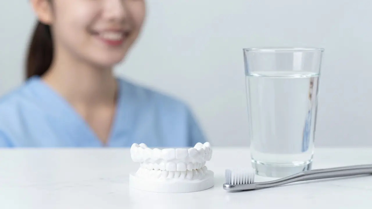 Čistá zubní protéza na mramorové ploše s pomůckami pro hygienu