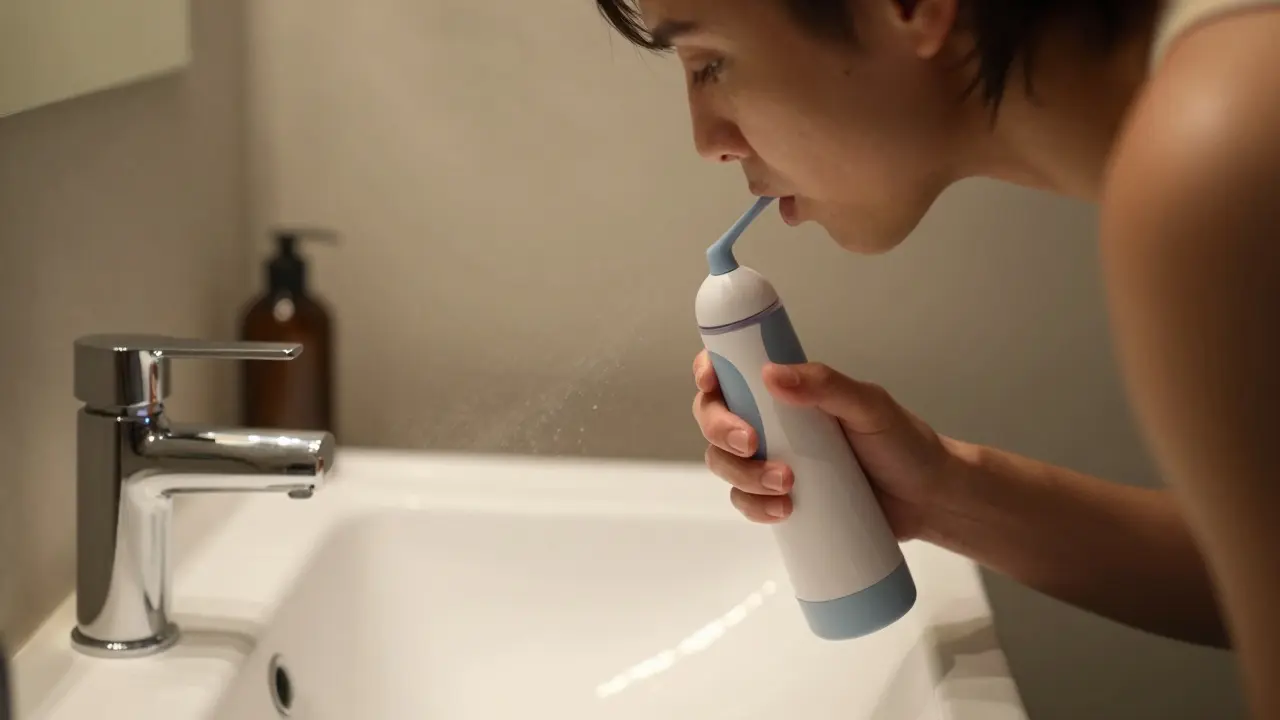 Člověk správně používající ústní sprchu u umyvadla během večerní rutiny.
