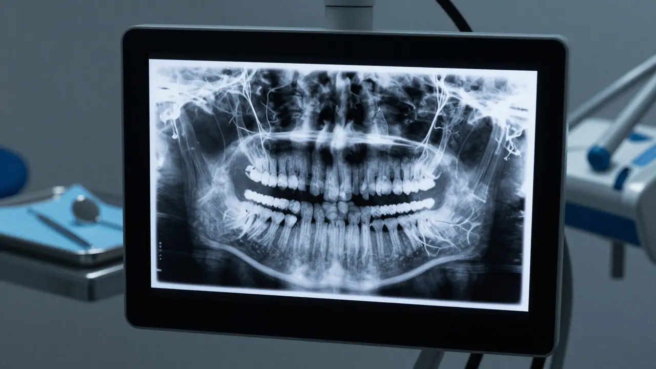 Dentální rentgenový snímek ukazující detailní strukturu kořenů zubu.