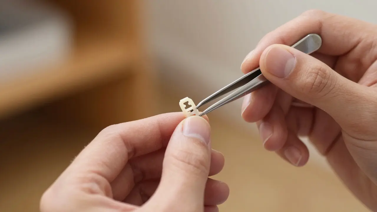 Detail ruky nasazující gumičku na rovnátka pomocí pinzety.