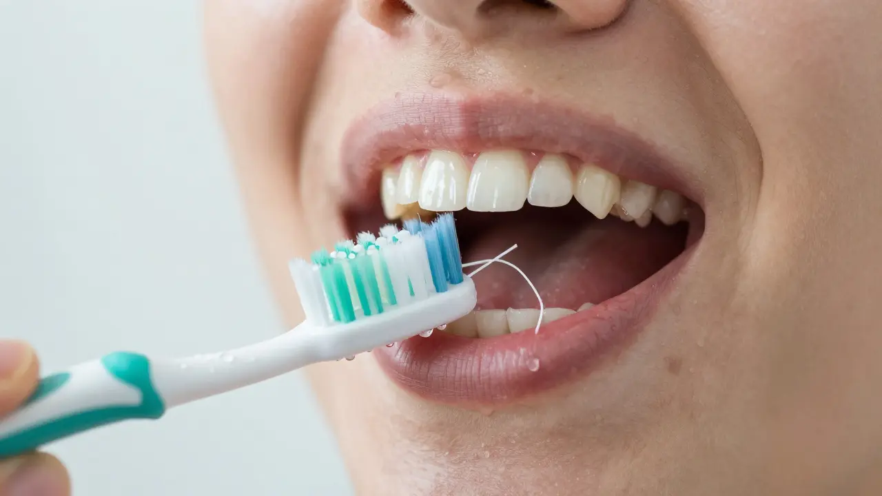 Detail zubního kartáčku a flosu pro důkladné čištění zadních zubů.