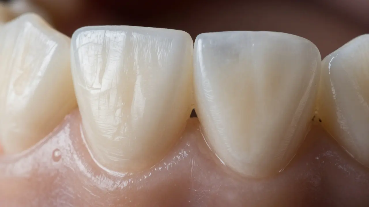 Detailní makro detail povrchu keramické faseti s přirozenou texturou a mikro-reliéfem.