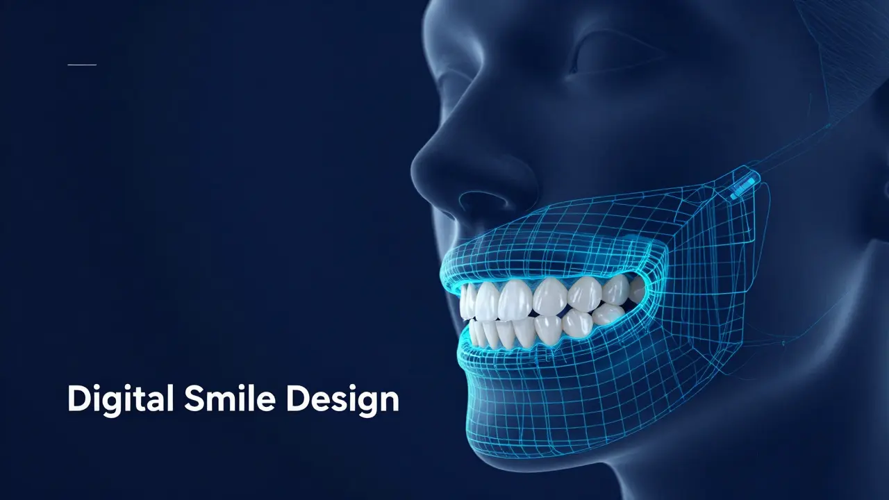 Digitální návrh úsměvu s holografickým modelem obličeje a plánováním tvaru zubů.