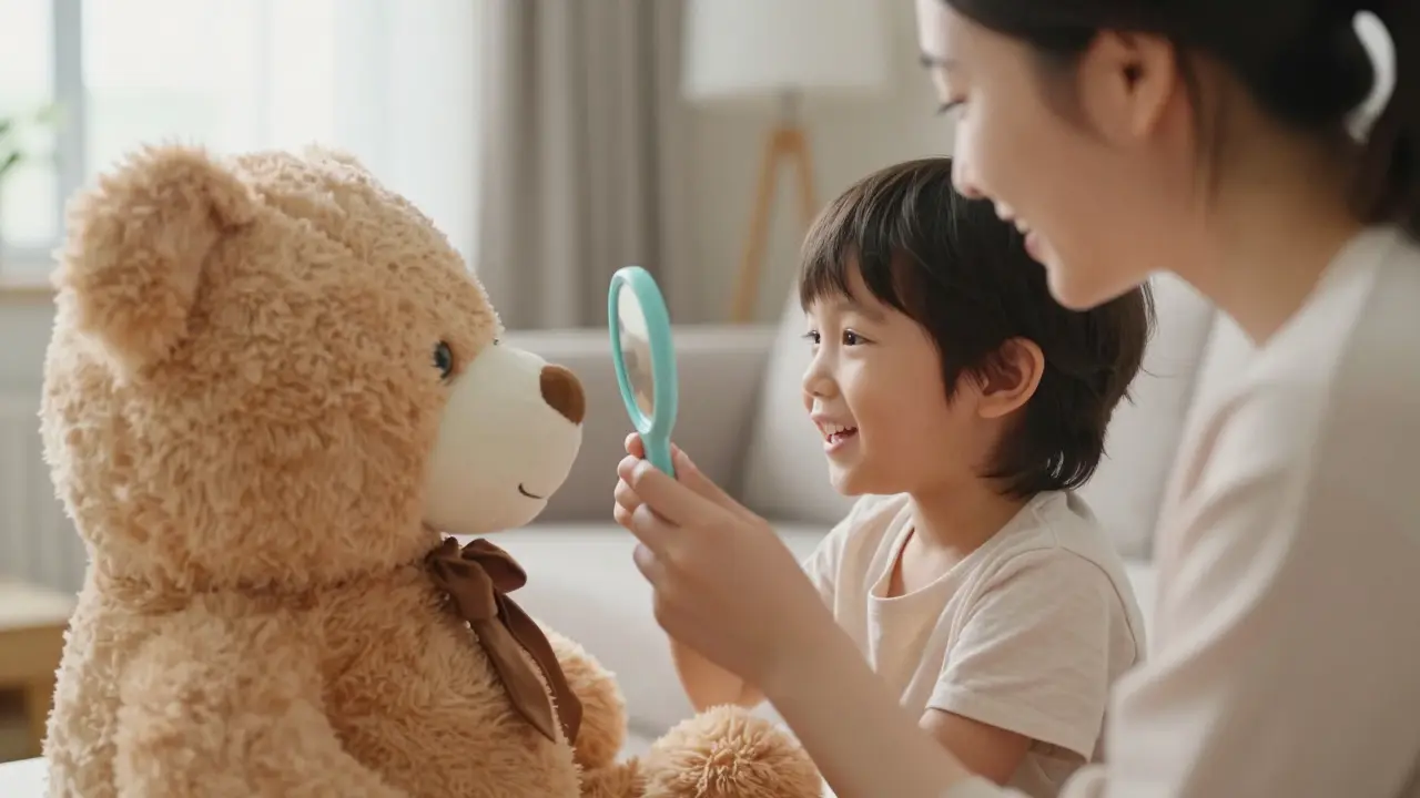 Dítě si hraje na zubaře s plyšovým medvídkem v útulném obývacím pokoji.