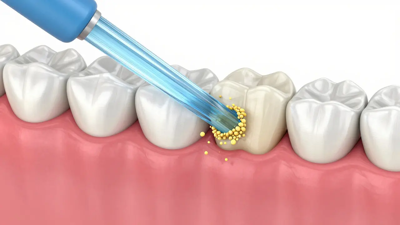 Ilustrace proudového tlaku vody odplavující plak z mezizubních prostor.