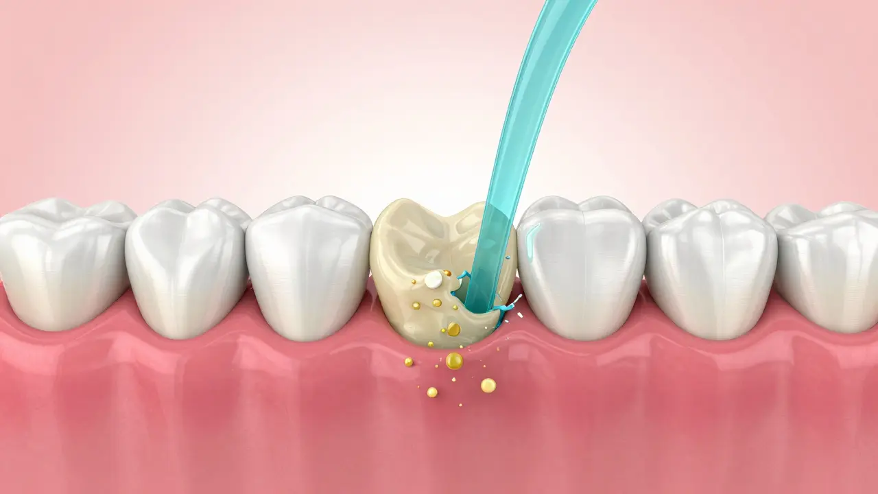 Ilustrace proudu vody z ústní sprchy dopadající kolmo na dásně.