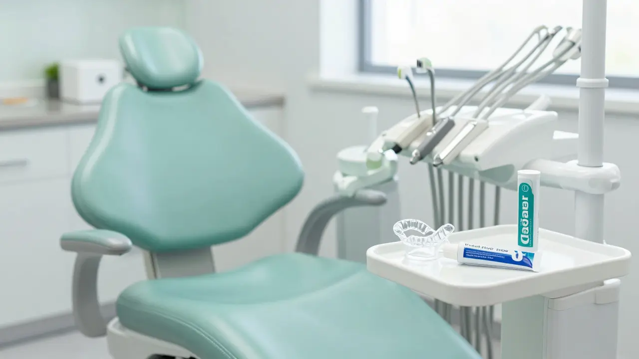 Kancelář zubního lékaře s nočním chráničem zubů a pastou