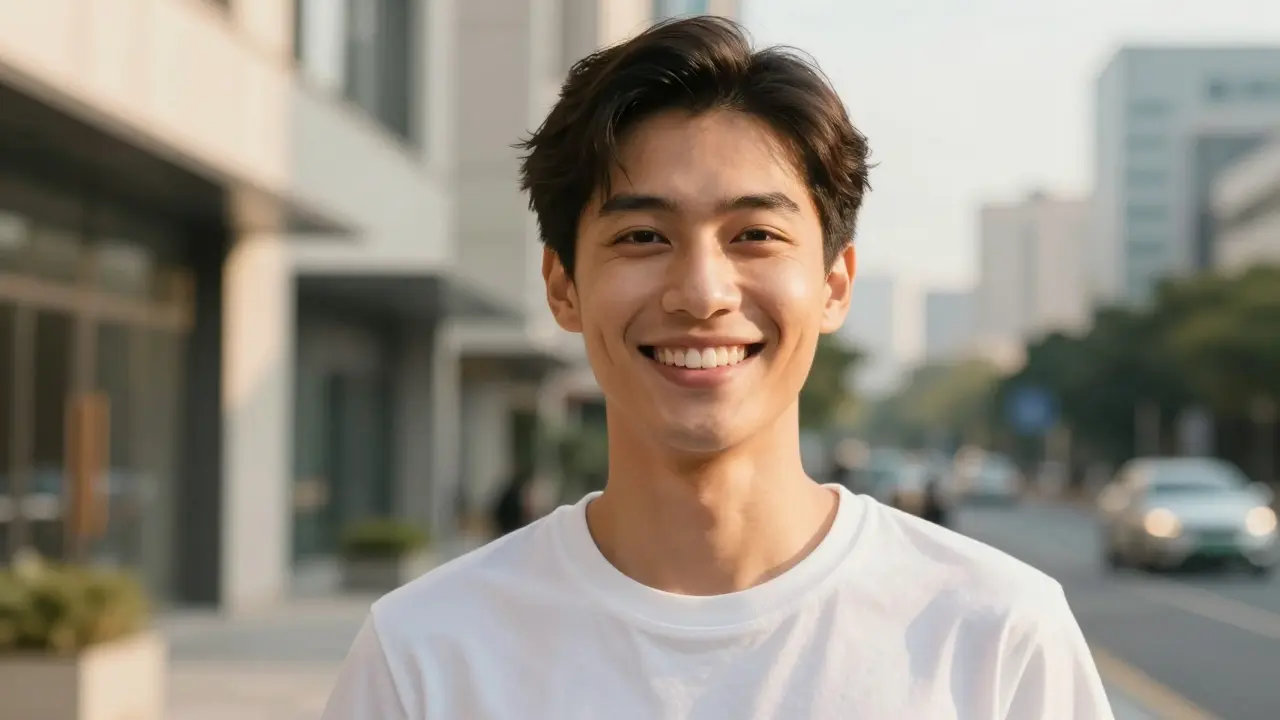 Kandidátní portrét šťastné osoby s přirozeným a zdravým úsměvem.