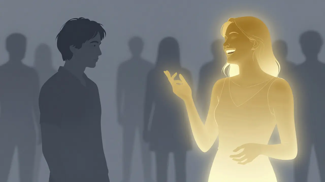 Konceptuální ilustrace přechodu od sociální úzkosti k sebevědomí.